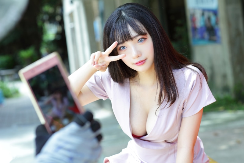 Asian Gesture Bokeh Selfie Hands Glance Brunette Girl