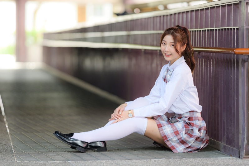 Asian Sitting Legs Stilettos Knee Highs Skirt Blouse Smile