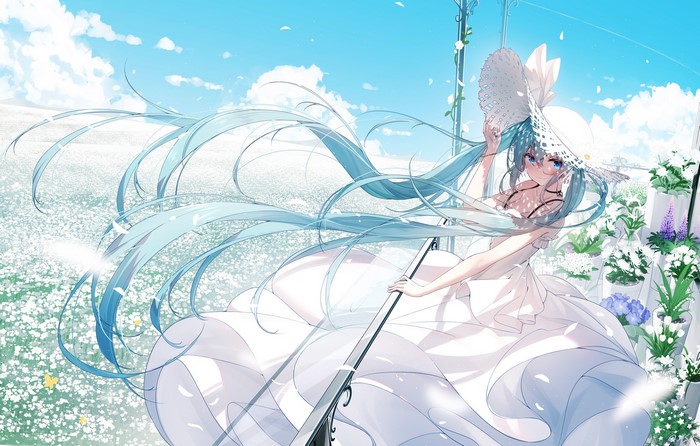 White Dress Flowers Blue Eyes Long Hair Hatsune Miku Blue Hair