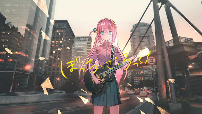 Anime Girls Musical Instrument Pink Hair Blue Eyes Guitar Japanese