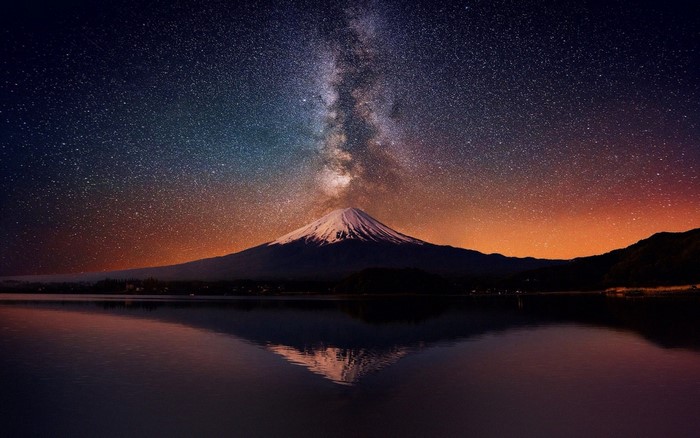 Landscape Mountains Mount Fuji Night Galaxy Lake Nature