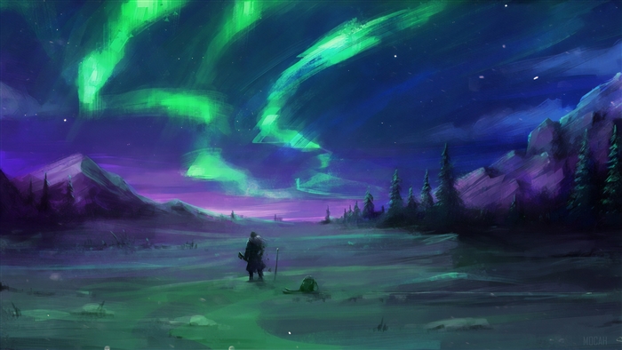 Aurora Borealis Northern Lights Night Sky Digital Art Scenery K