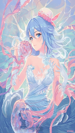 Women Anime Girl Original Character Illustration Jellyfish Looking