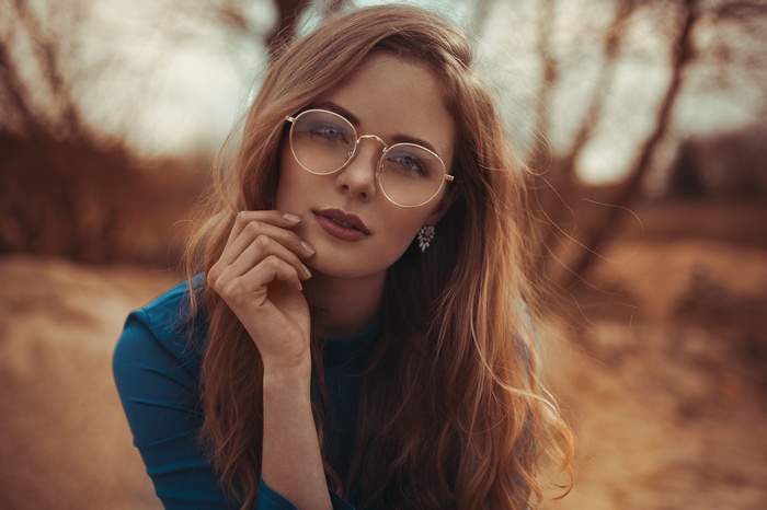 Reflection Women With Glasses Women Outdoors Blue Dress Brunette