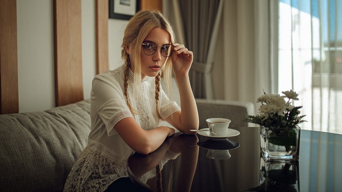 Model Cup Blonde Women Table Women With Glasses Ksenia Kokoreva