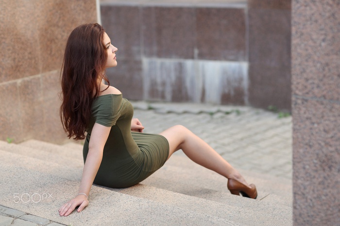 Stairs Rear View Long Hair Brunette Women Outdoors Legs Minidress