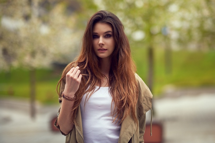 Jacket Bokeh Ariel Grabowski Smoky Eyes Portrait Brunette Face