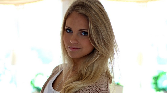 Emilie Marie Nereng Blue Eyes Blonde Sweater Women HD Wallpaper