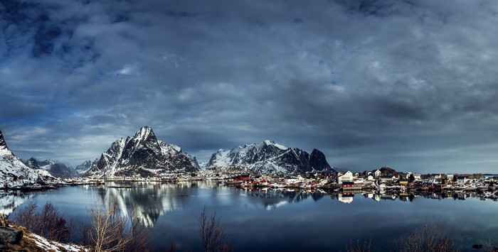 Reine Norway Lofoten Houses Mountains Rivers Winter Sky Hd