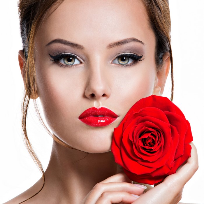 873403 4K Roses White Background Brown Haired Face Red Lips