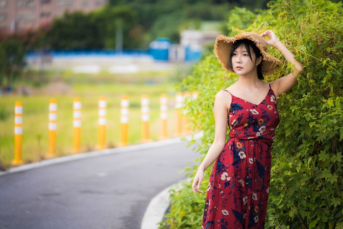 K Asian Brunette Girl Dress Hat Glance Bokeh Rare