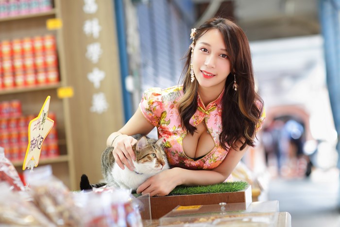 4K Asian Bokeh Pose Hands Dress Décolletage Brown haired Glance