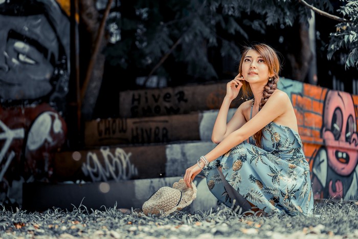 K Asian Bokeh Brown Haired Dress Sitting Hands Hat Hd