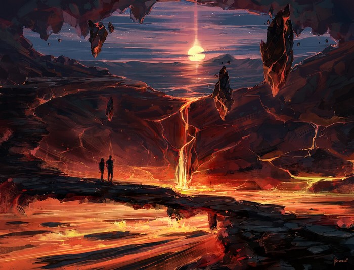 Couple Sunrise Lava Digital Art Fantasy Art Aenami