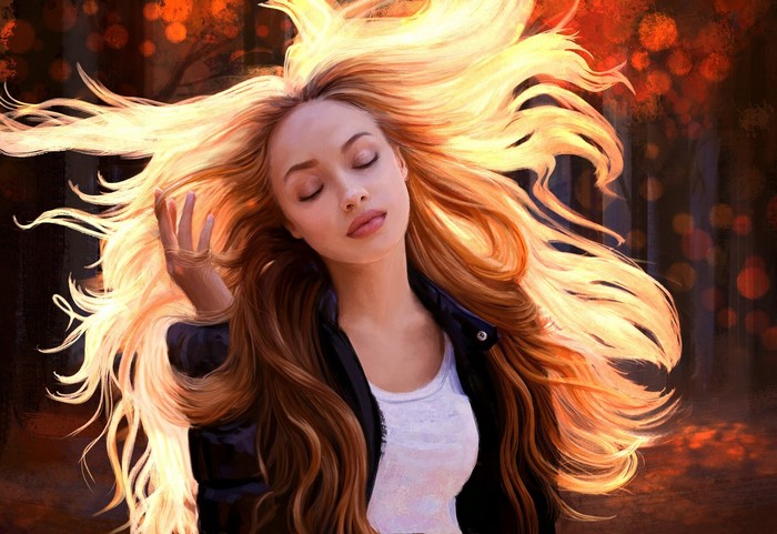 Painting Hair Blowing In The Wind Long Hair Artwork Closed Eyes