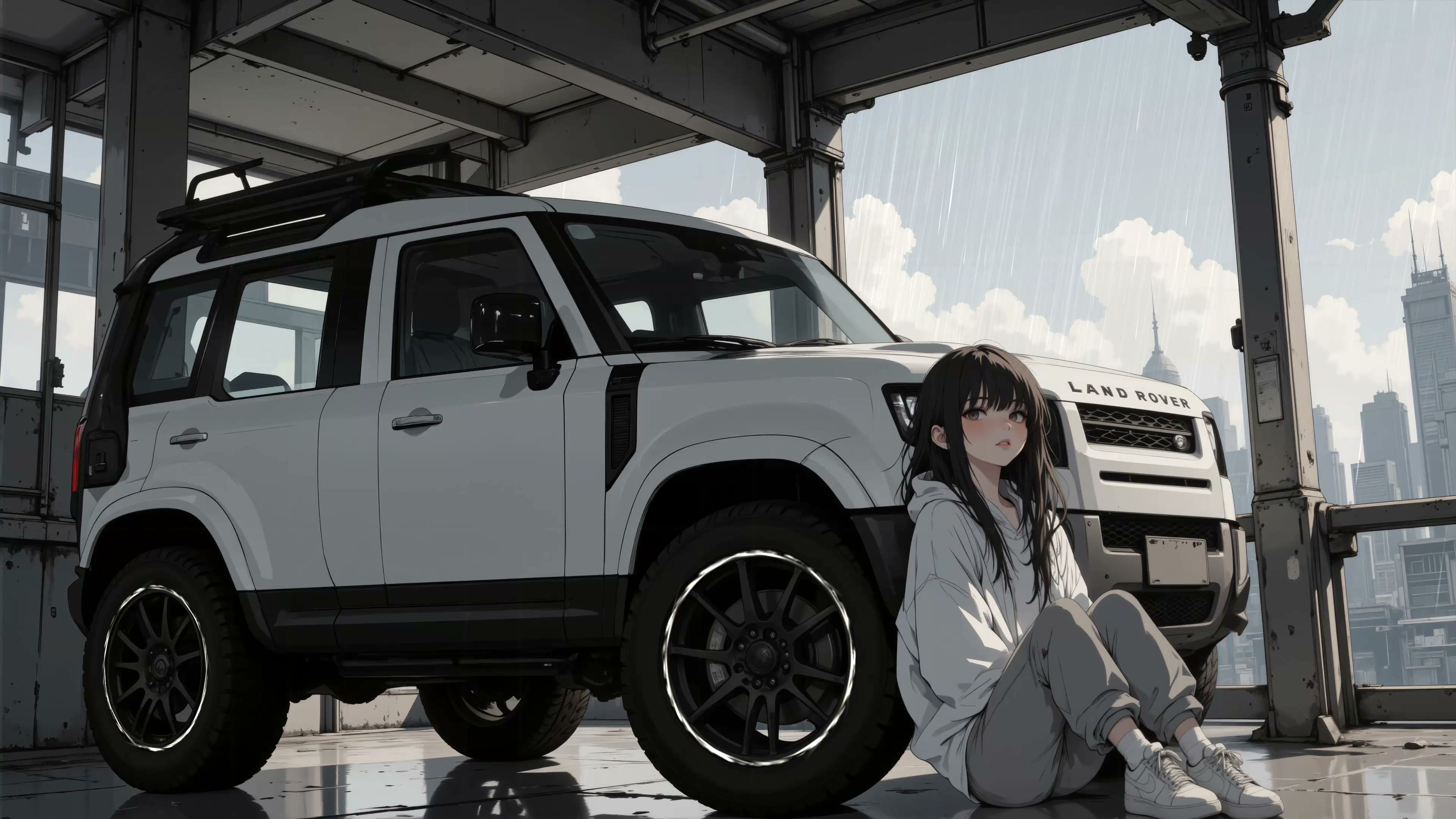 Girl and White SUV Live Wallpaper
