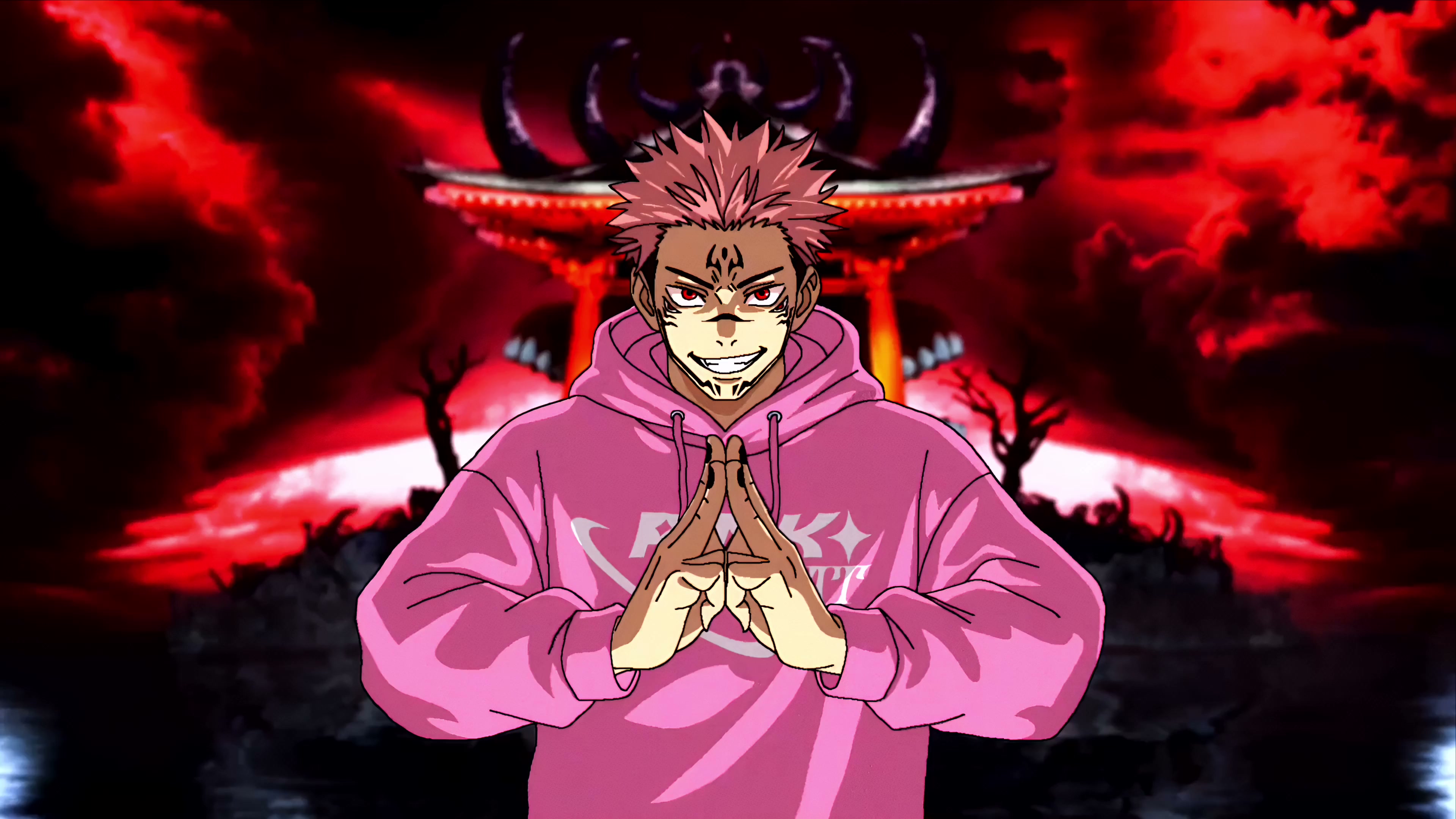 Jujutsu Kaisen - Ryomen Sukuna Malevolent Shrine Pink Hoodie Live Wallpaper