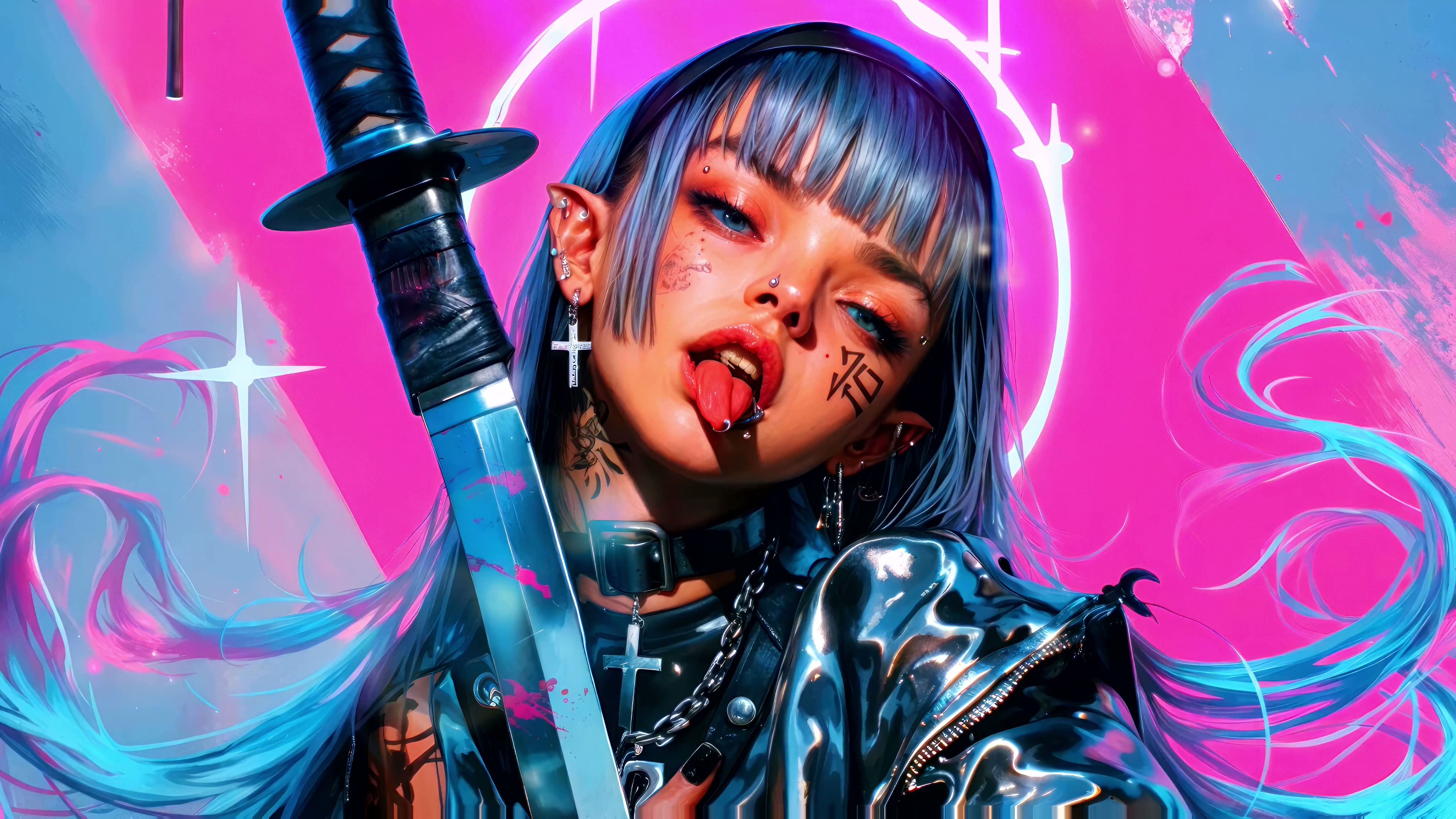 Cyberpunk Elf Girl with Katana Live Wallpaper
