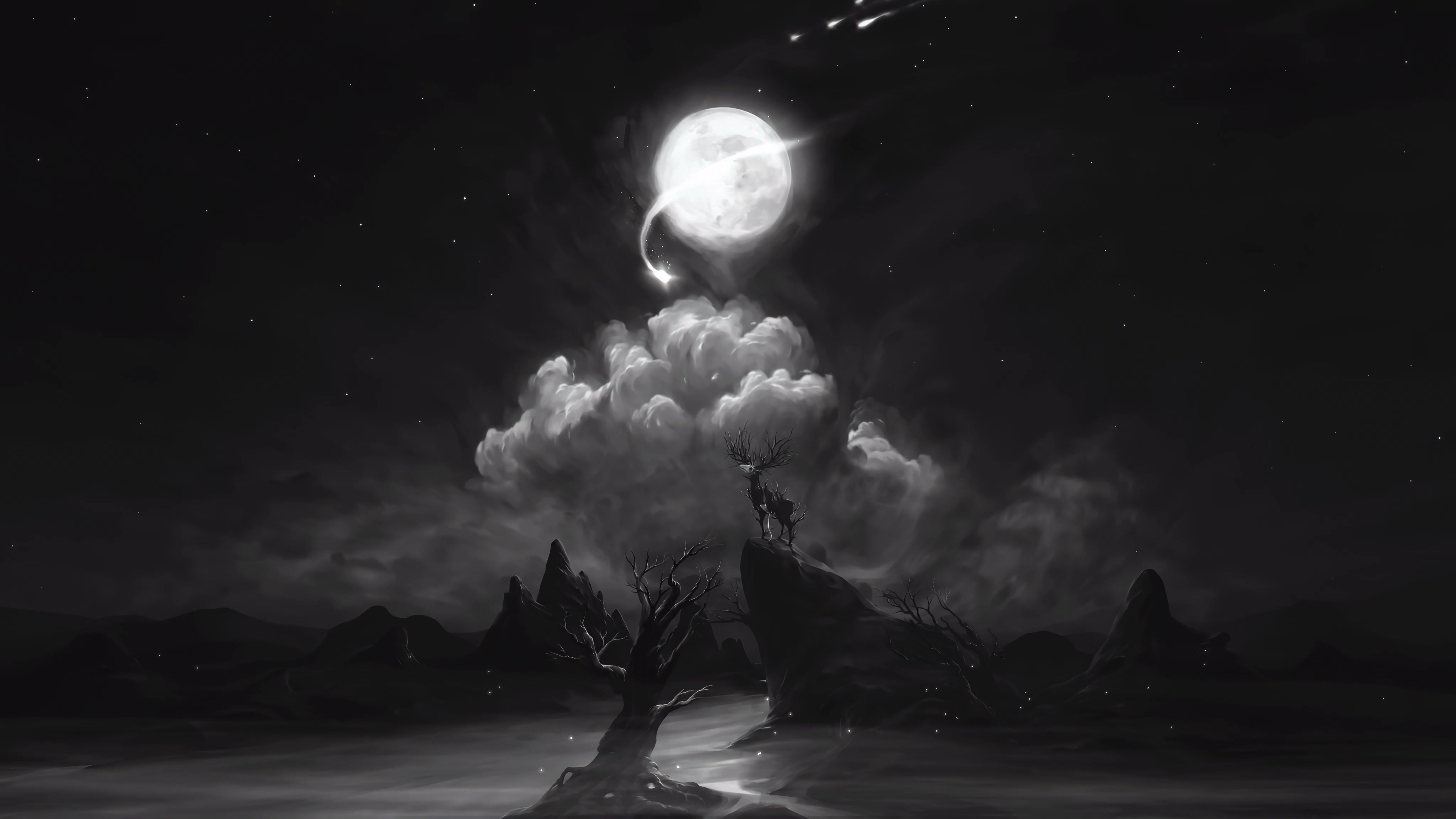 Monochrome Fantasy Night - Stag & Moon 4K Live Wallpaper