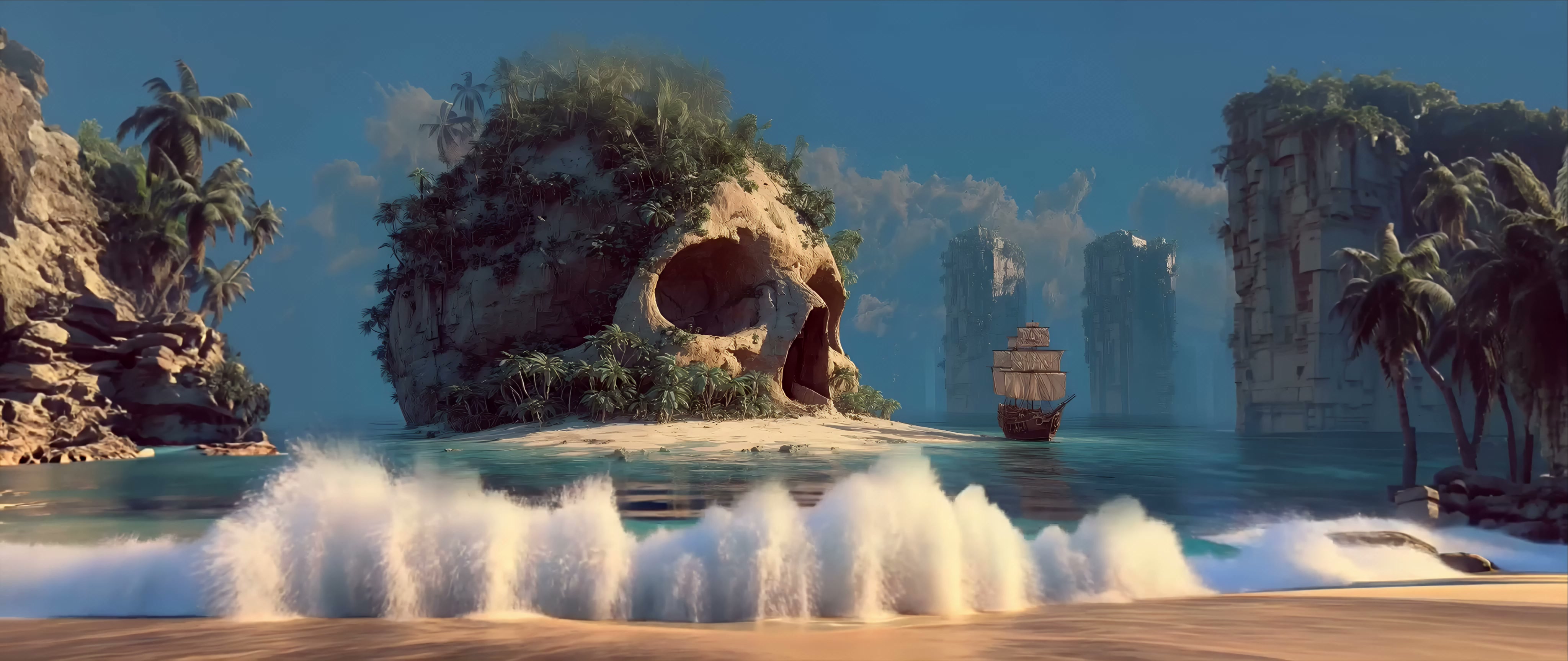 Skull Island Pirate Ship - Tropical Beach Fantasy Live Wallpaper