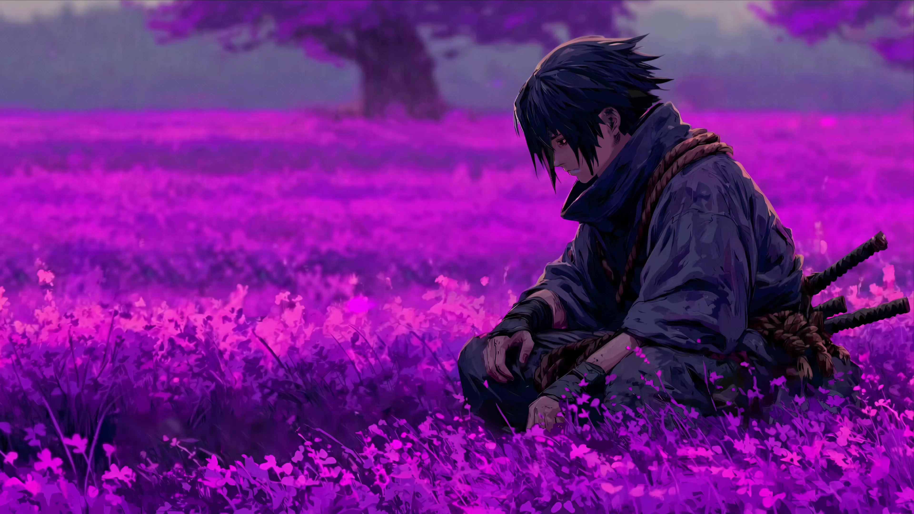 Naruto - Sasuke Uchiha Purple Flower Field Live Wallpaper