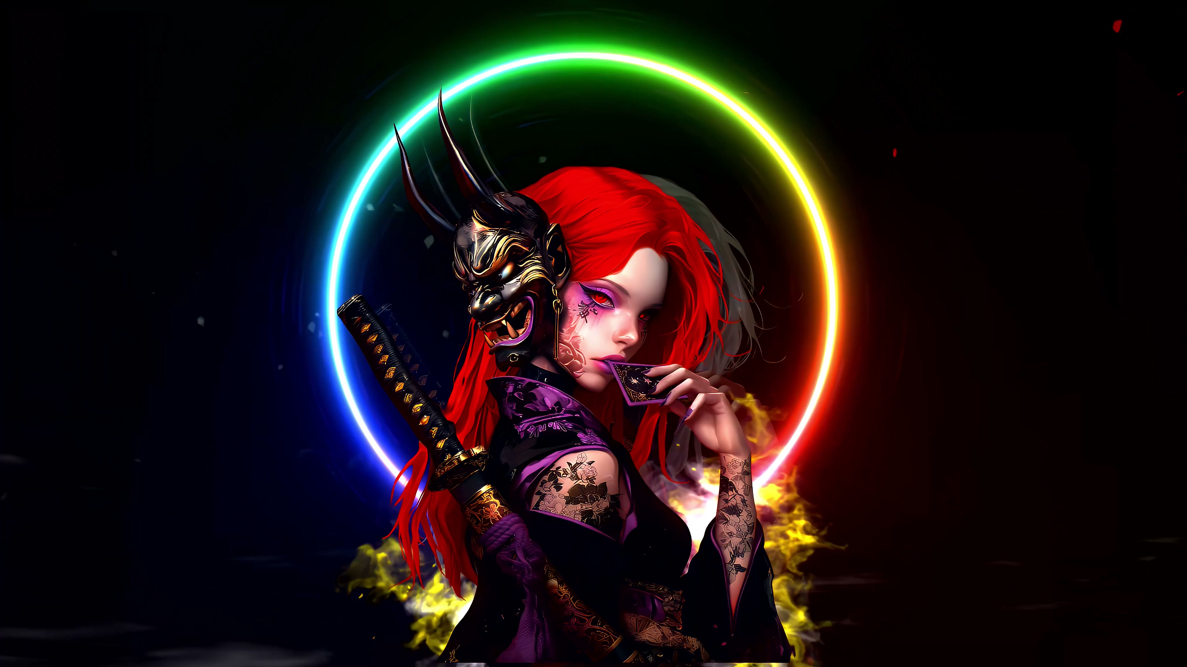 Redhead Demon Mask with Katana Live Wallpaper