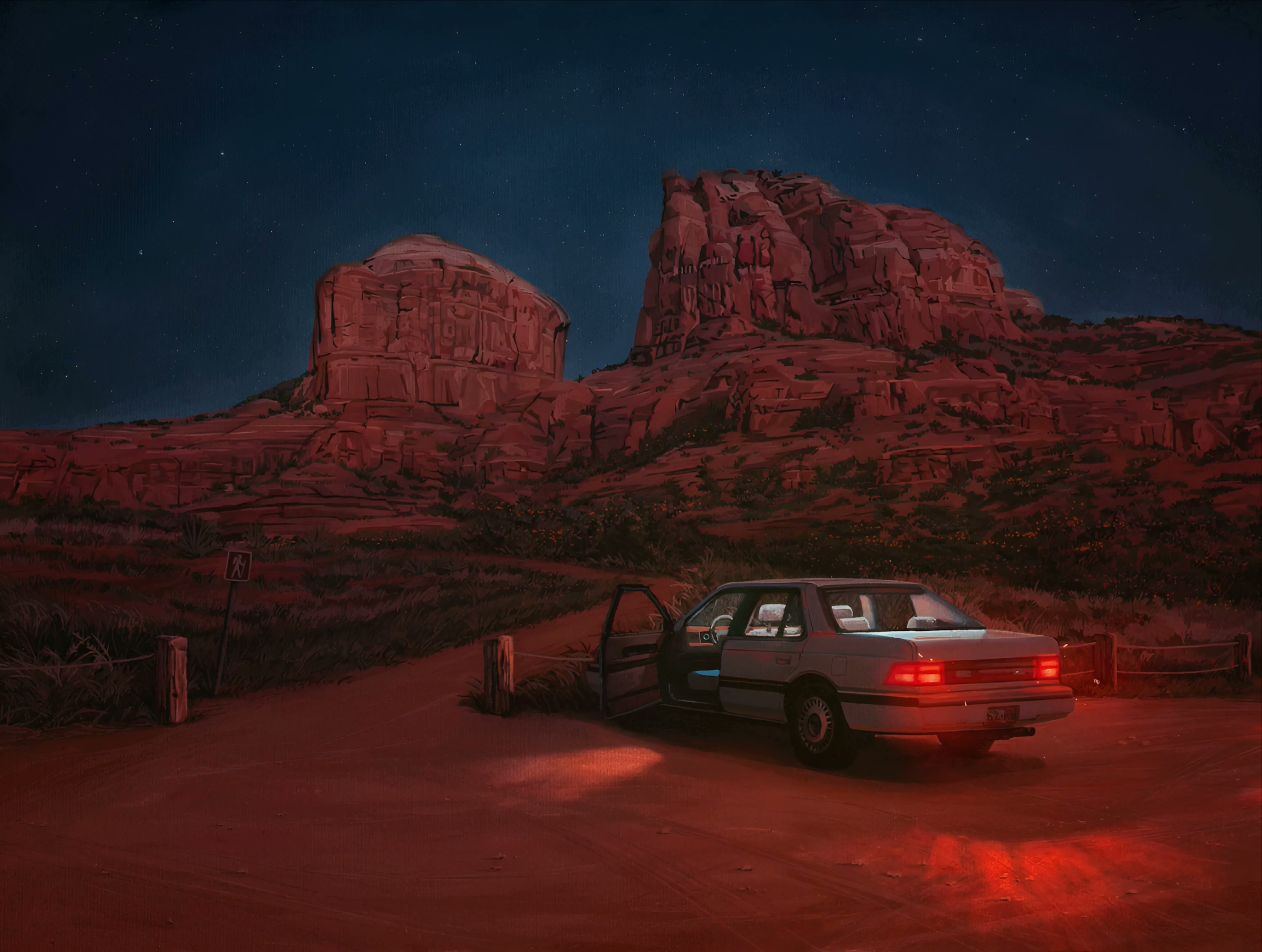 Night Desert Road Trip - Red Rocks Scenery 4K Live Wallpaper