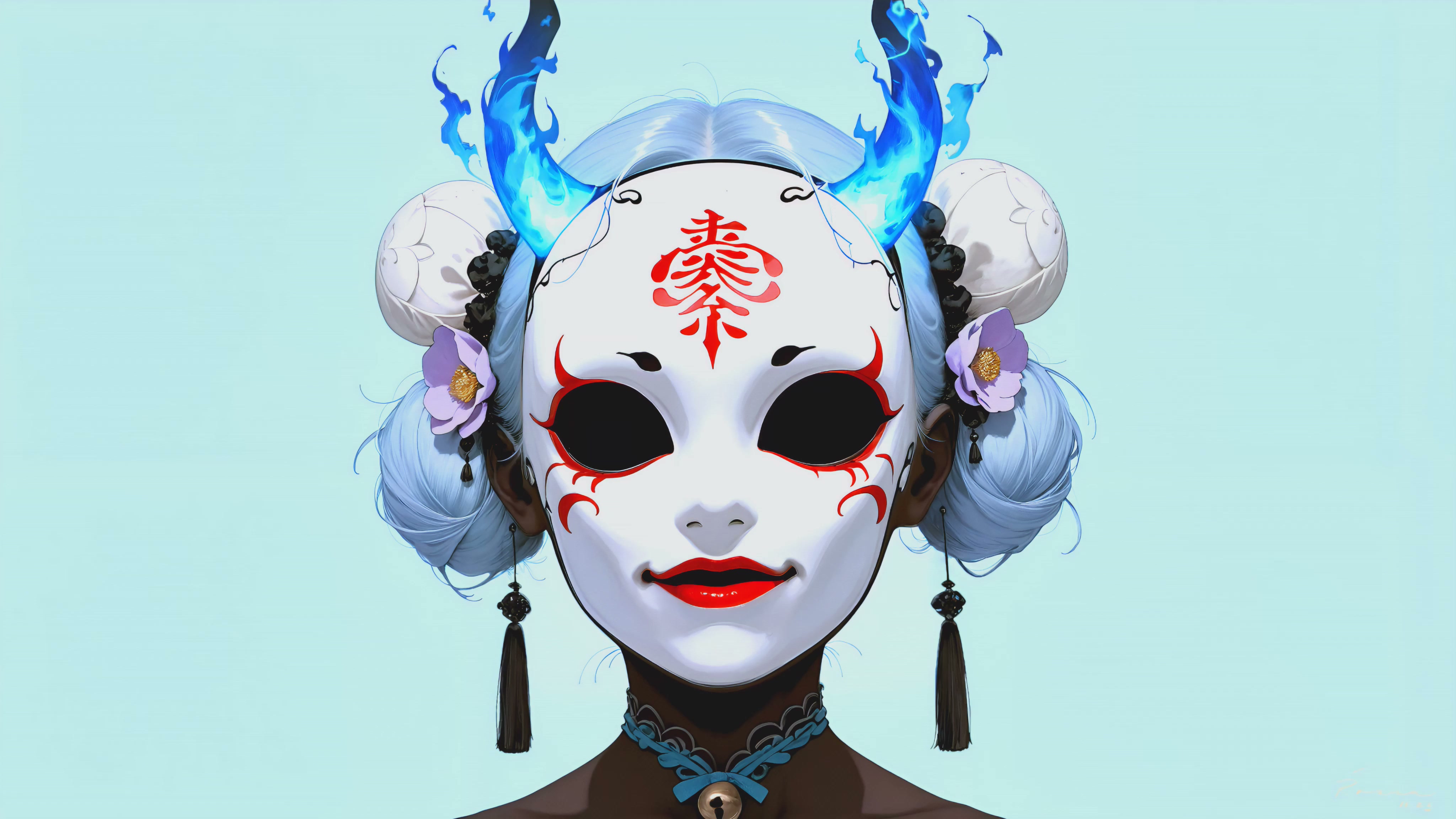 Masked Oni Girl - Minimalist Portrait Live Wallpaper