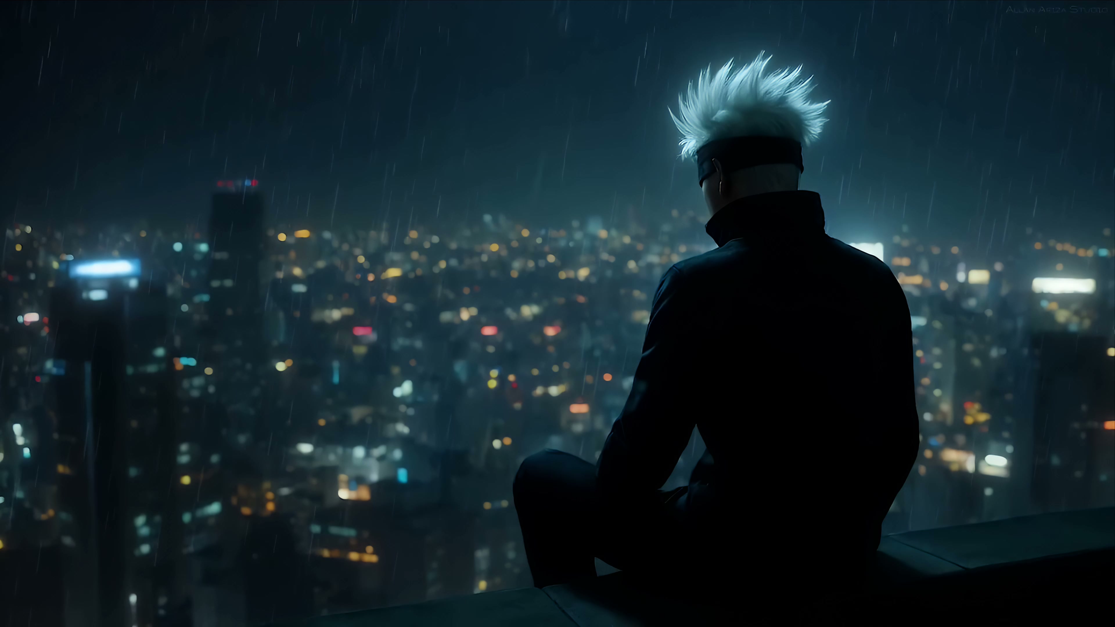 Gojo Watching Rainy City Lights Live Wallpaper