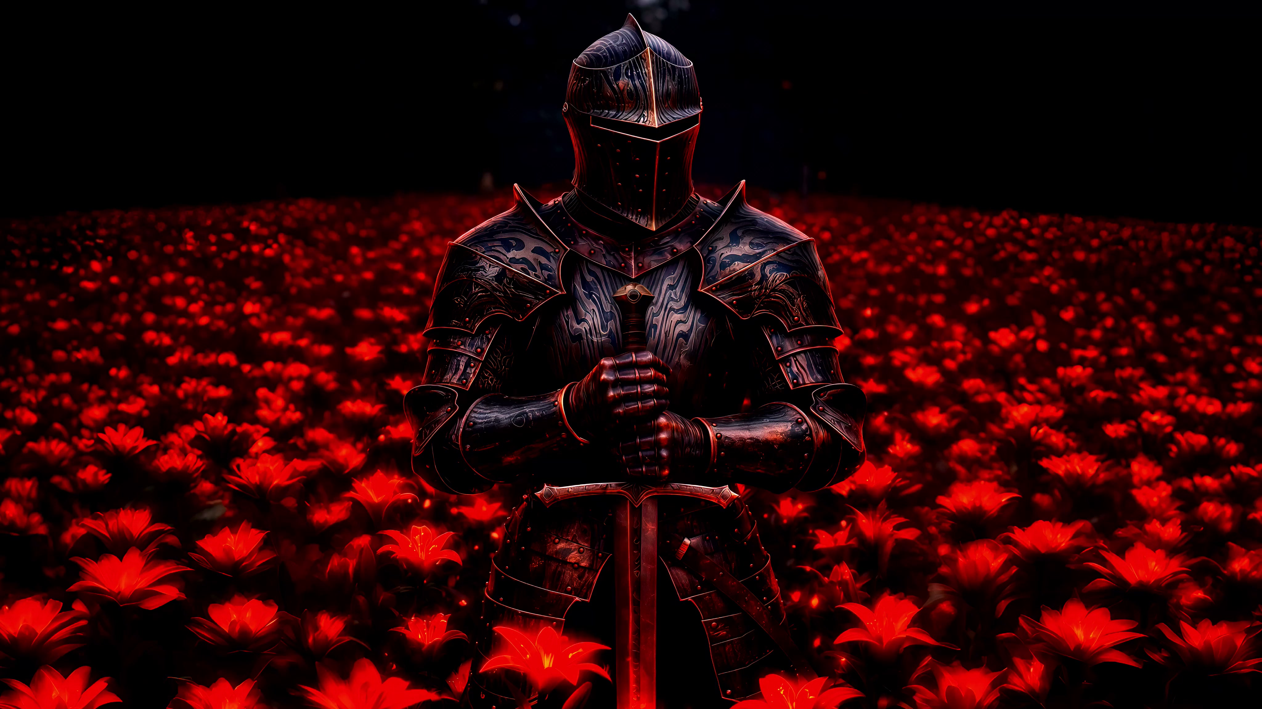 Dark Knight Red Flower Field - Epic Fantasy Live Wallpaper