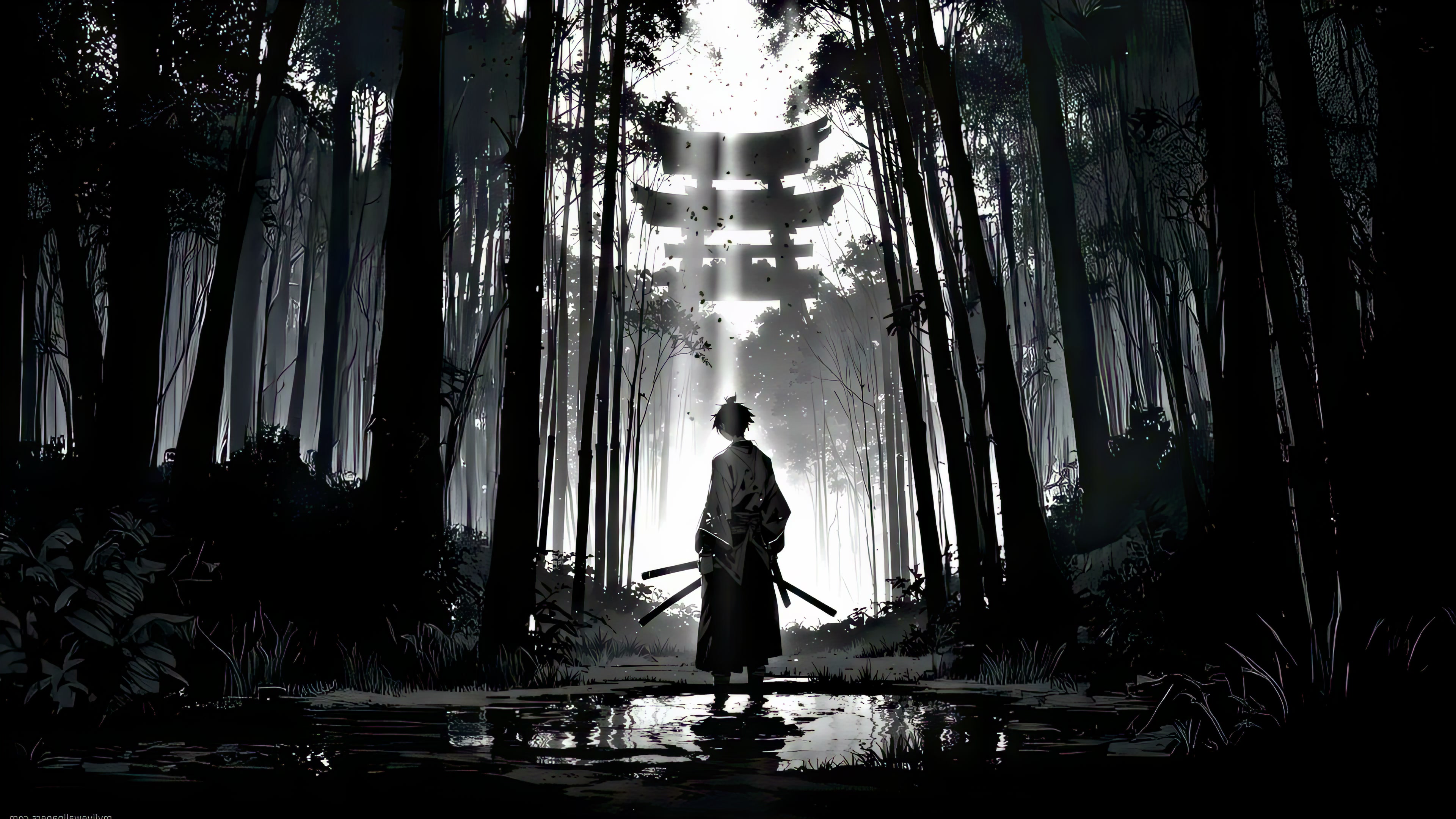 Black and White Torii Gate Samurai Live Wallpaper
