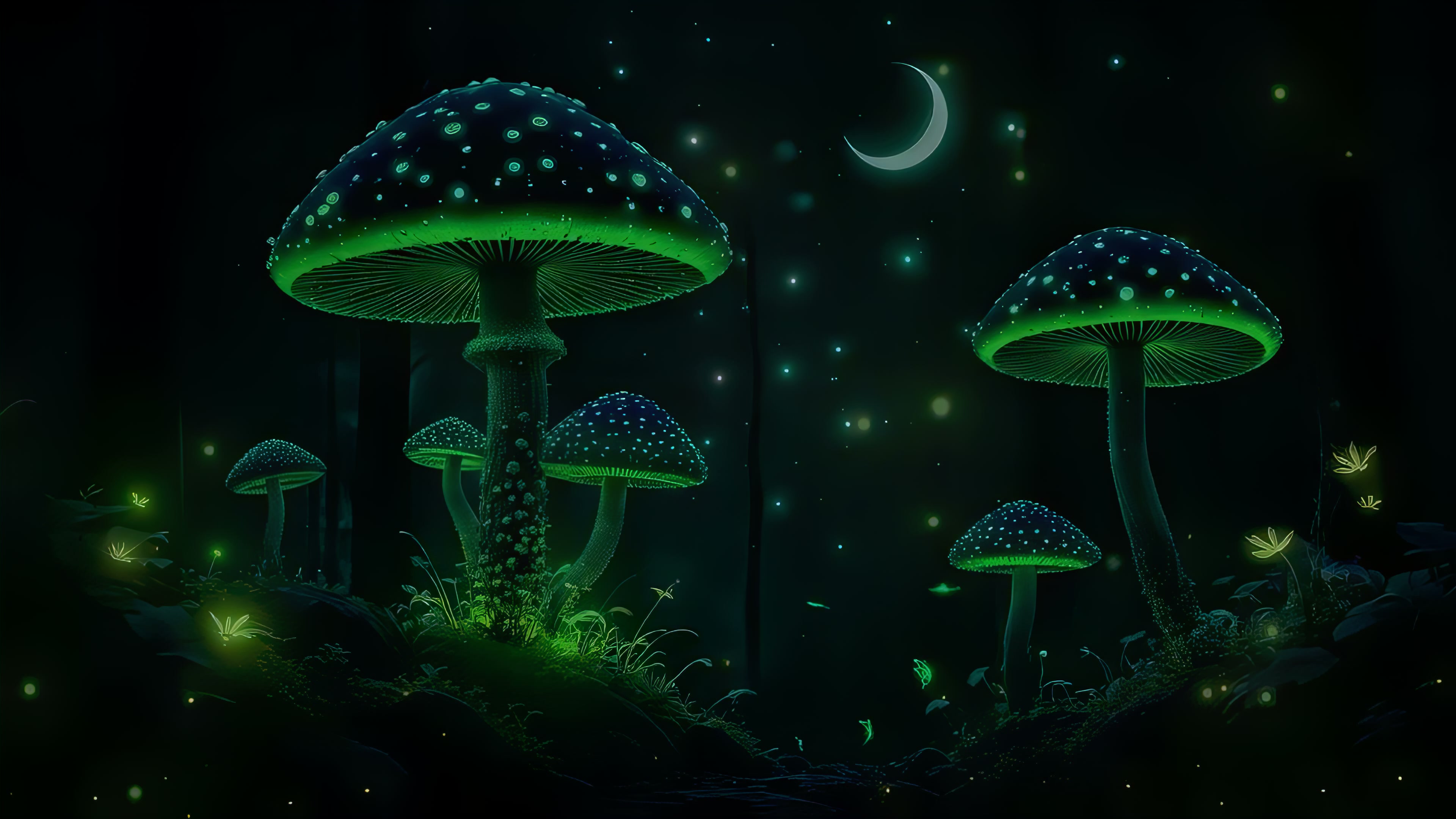 Crescent Moon & Glowing Mushrooms Live Wallpaper