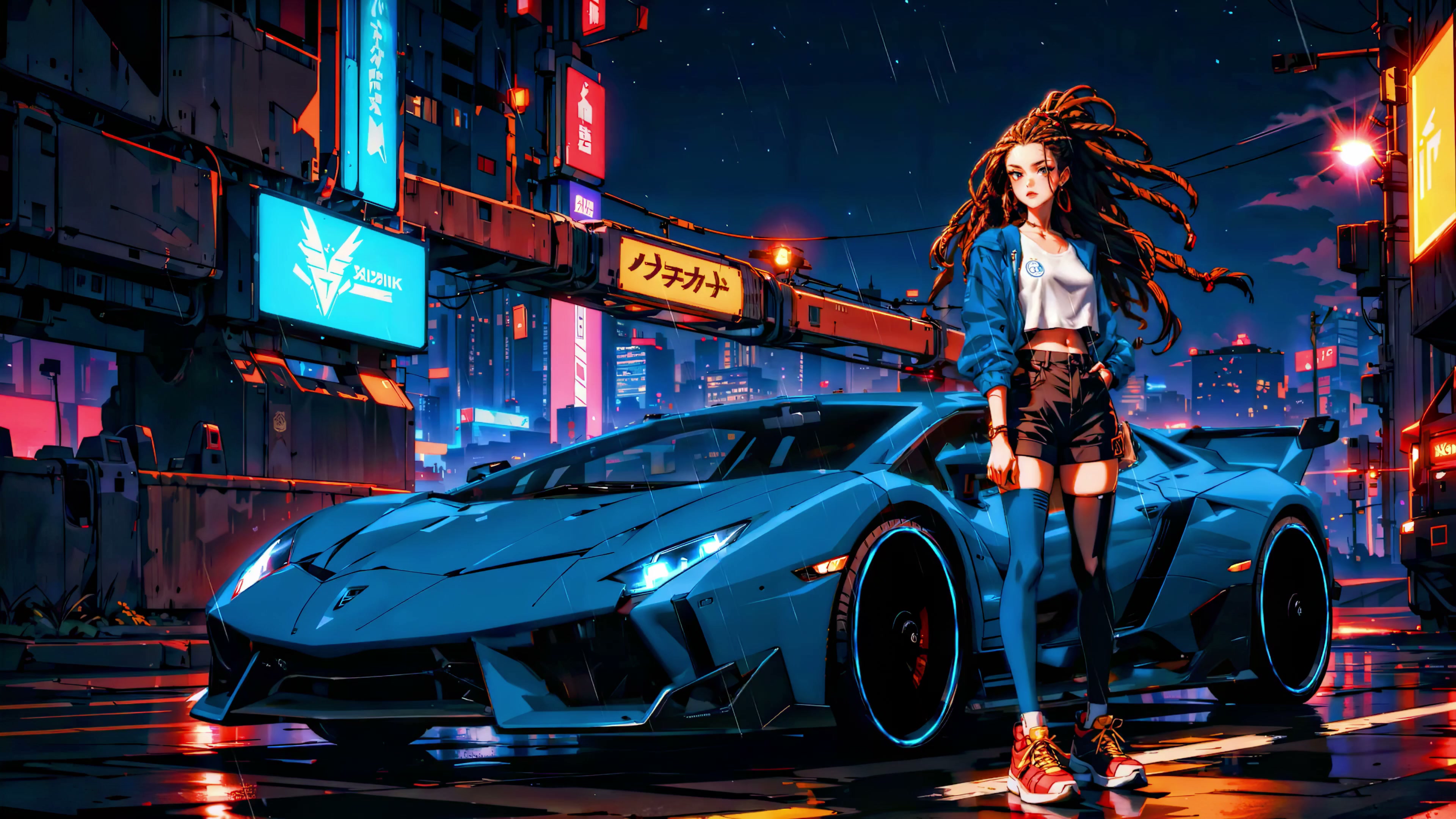 Neon City Girl and Car Live Wallpaper
