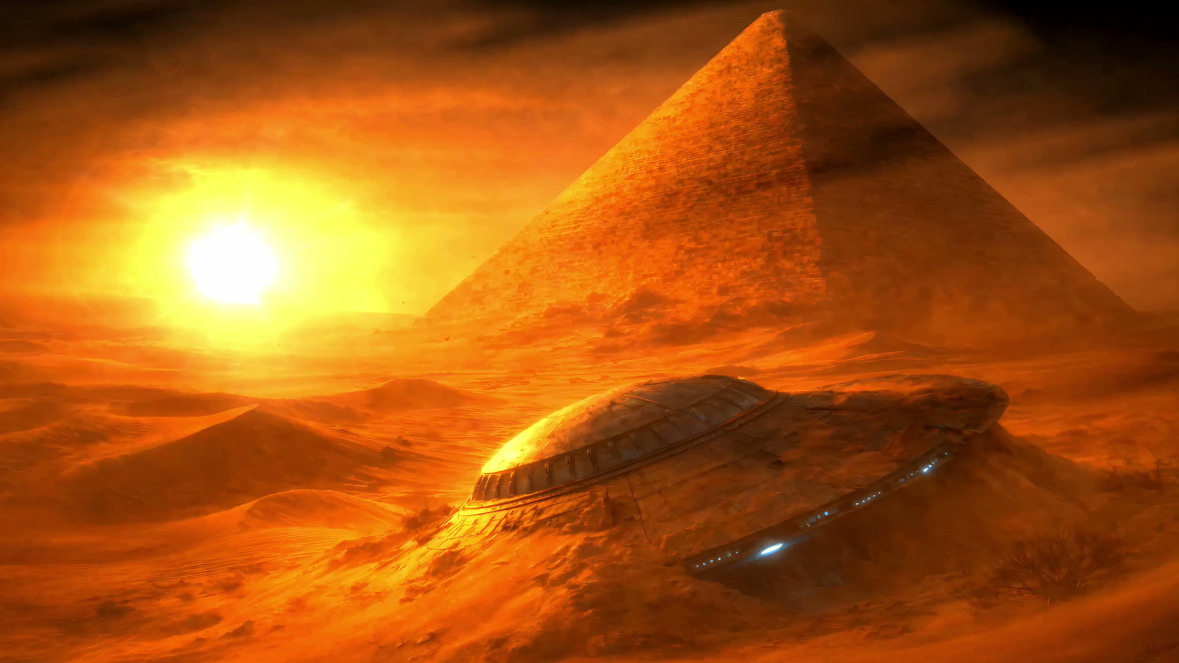 Ancient Alien Pyramid & UFO - Sci-Fi Desert 4K Wallpaper Live Wallpaper
