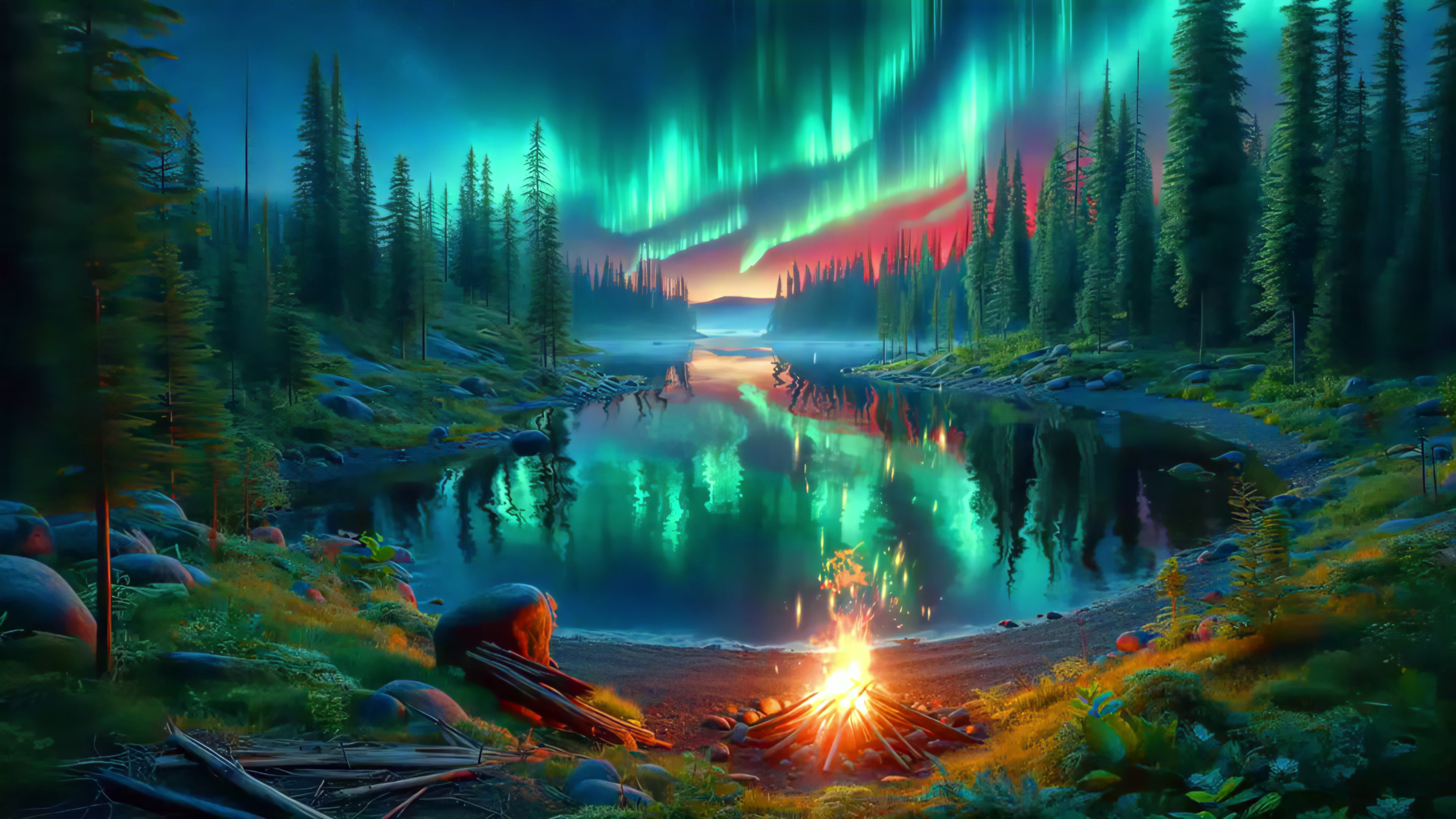 Aurora Lake Campfire Live Wallpaper