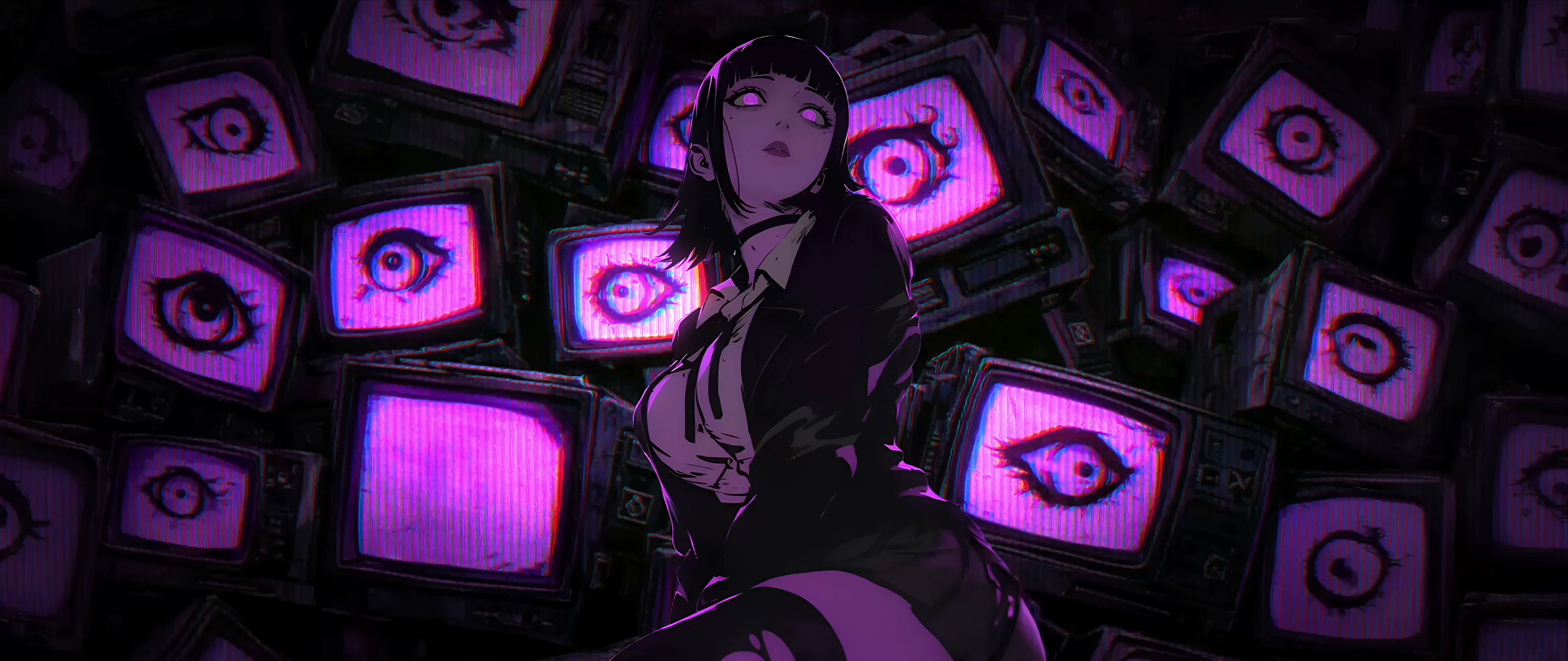 Dark Anime Girl - Retro TV Screens & Glowing Eyes Live Wallpaper