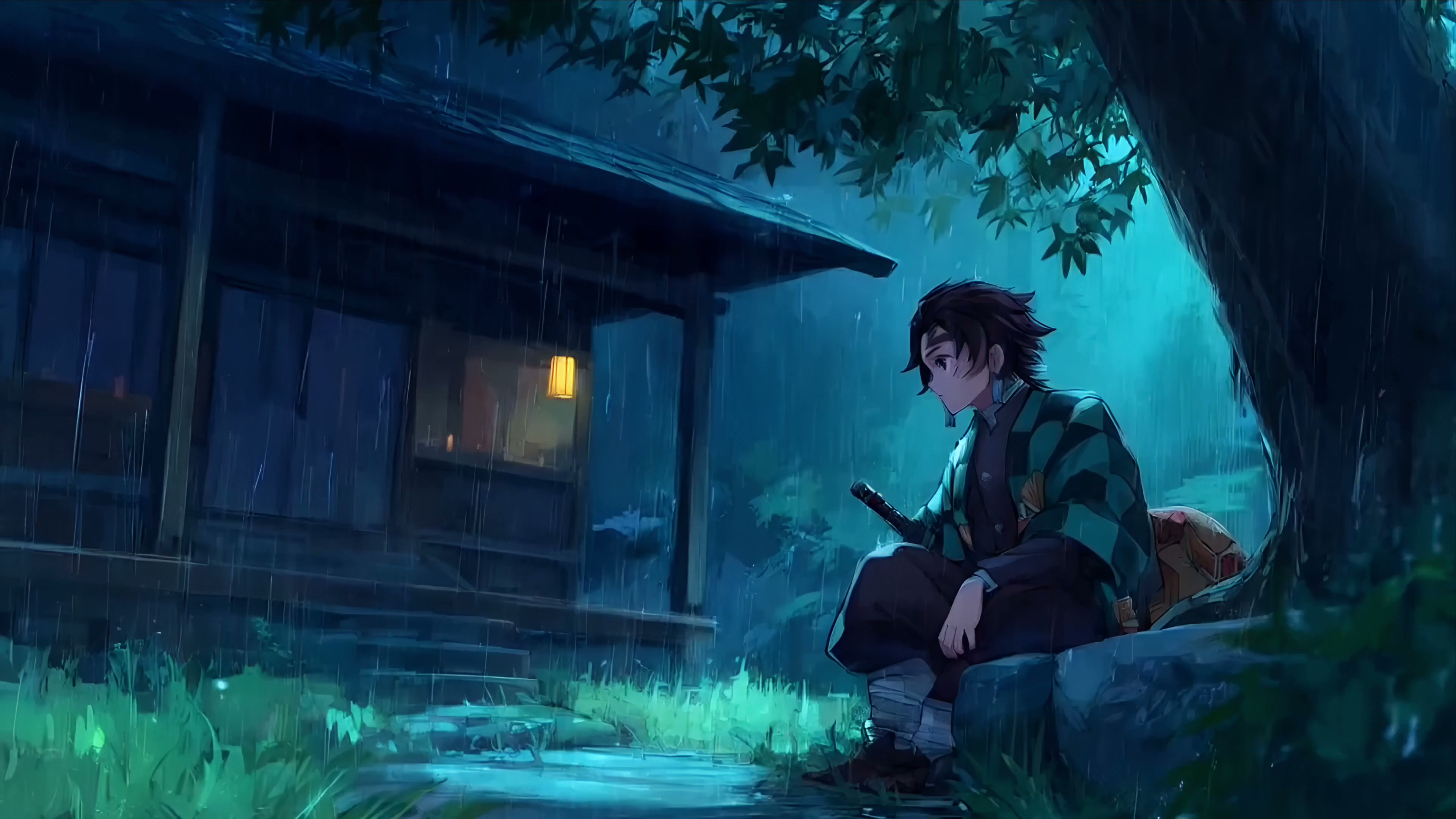 Demon Slayer - Tanjiro Rainy Night Aesthetic Live Wallpaper