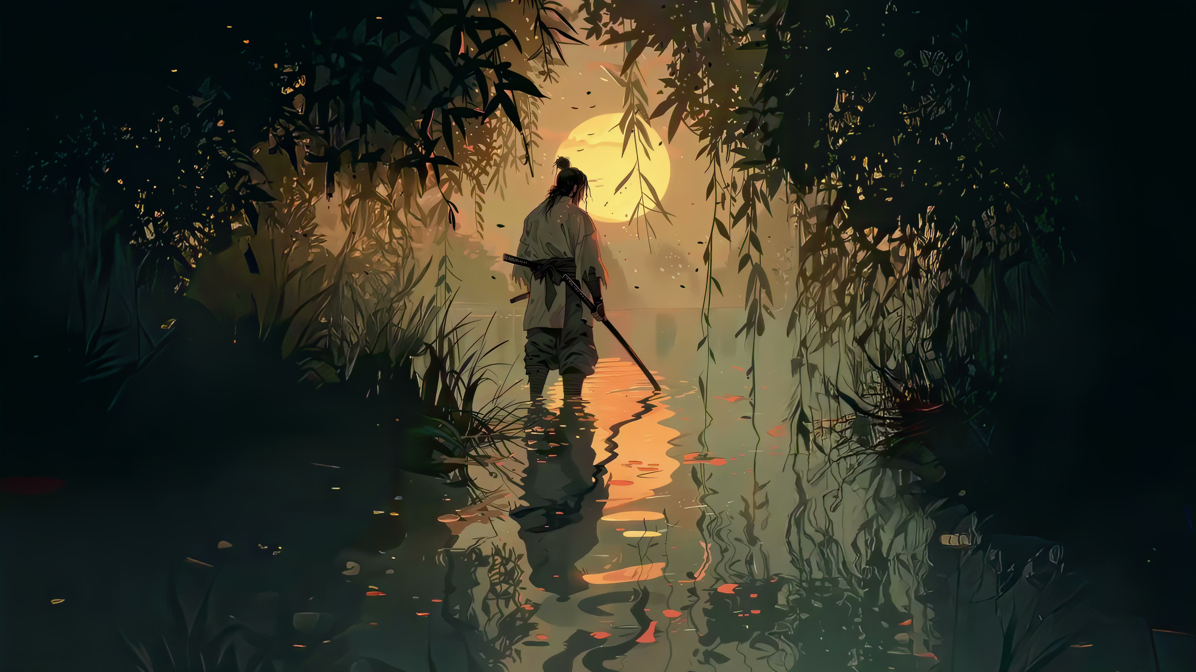 Samurai Sunset Reflection Live Wallpaper