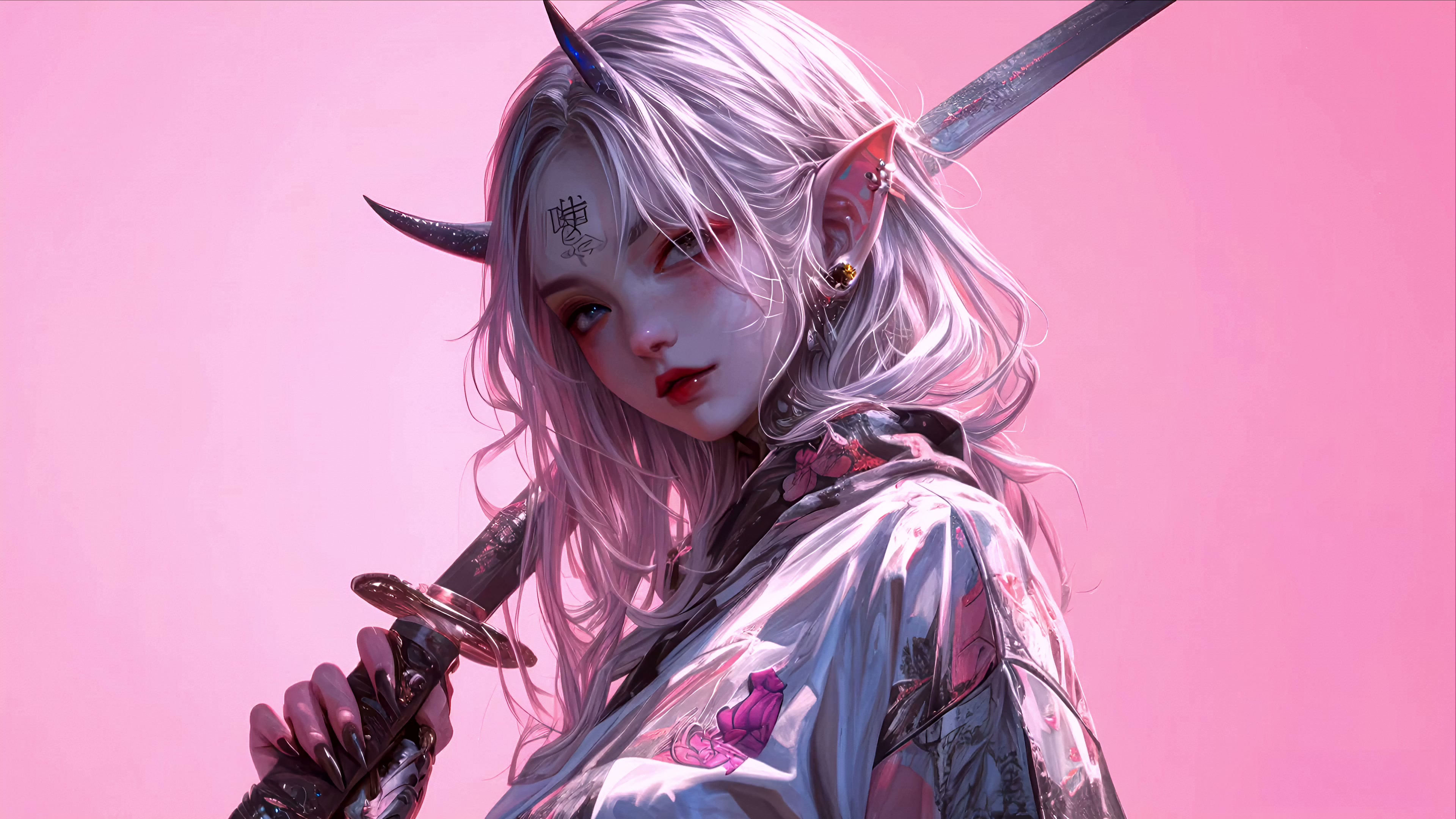 Pink Aesthetic Oni Samurai Girl - White Hair Katana Live Wallpaper