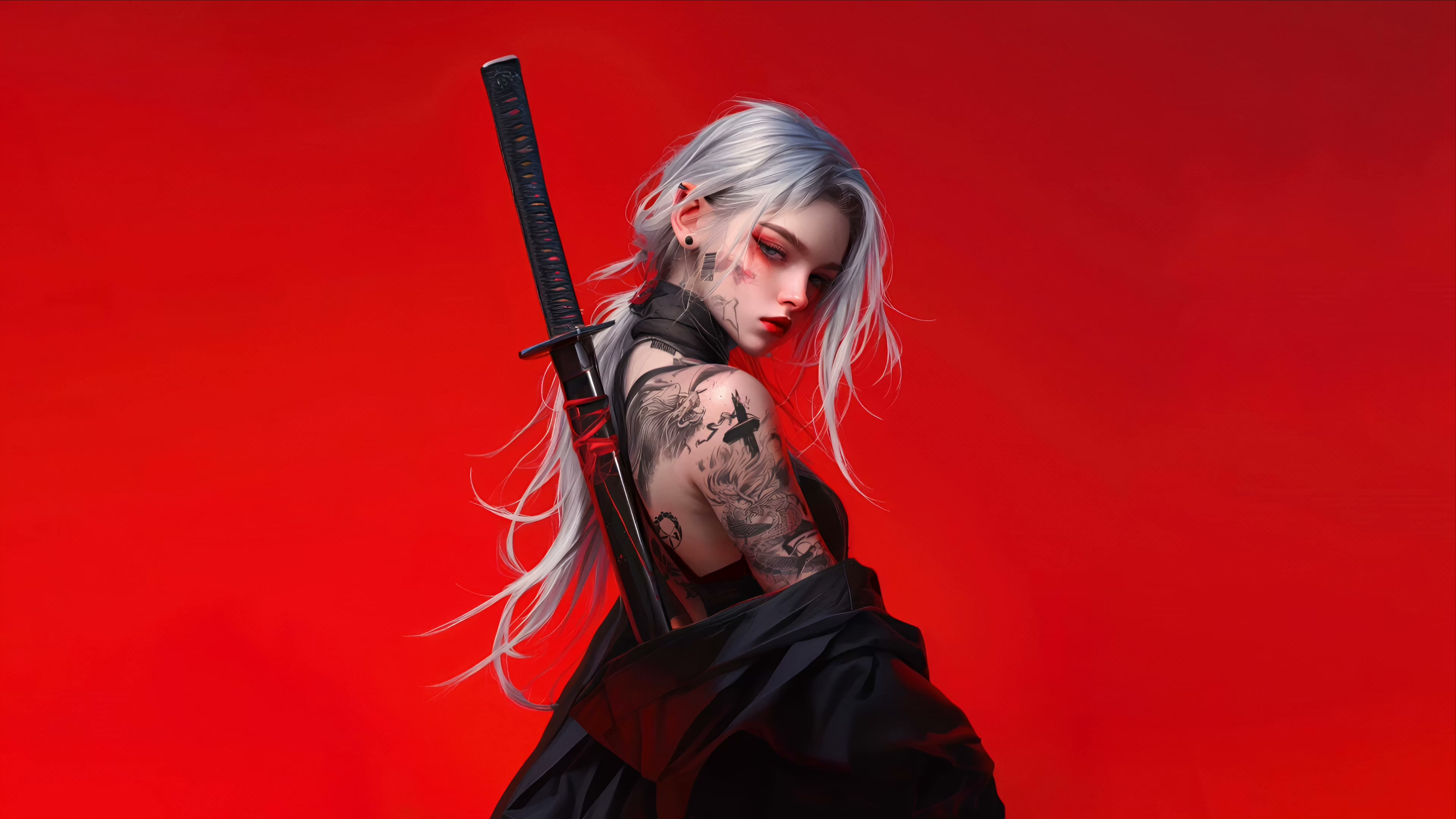 Red Samurai Girl Katana Aesthetic Live Wallpaper