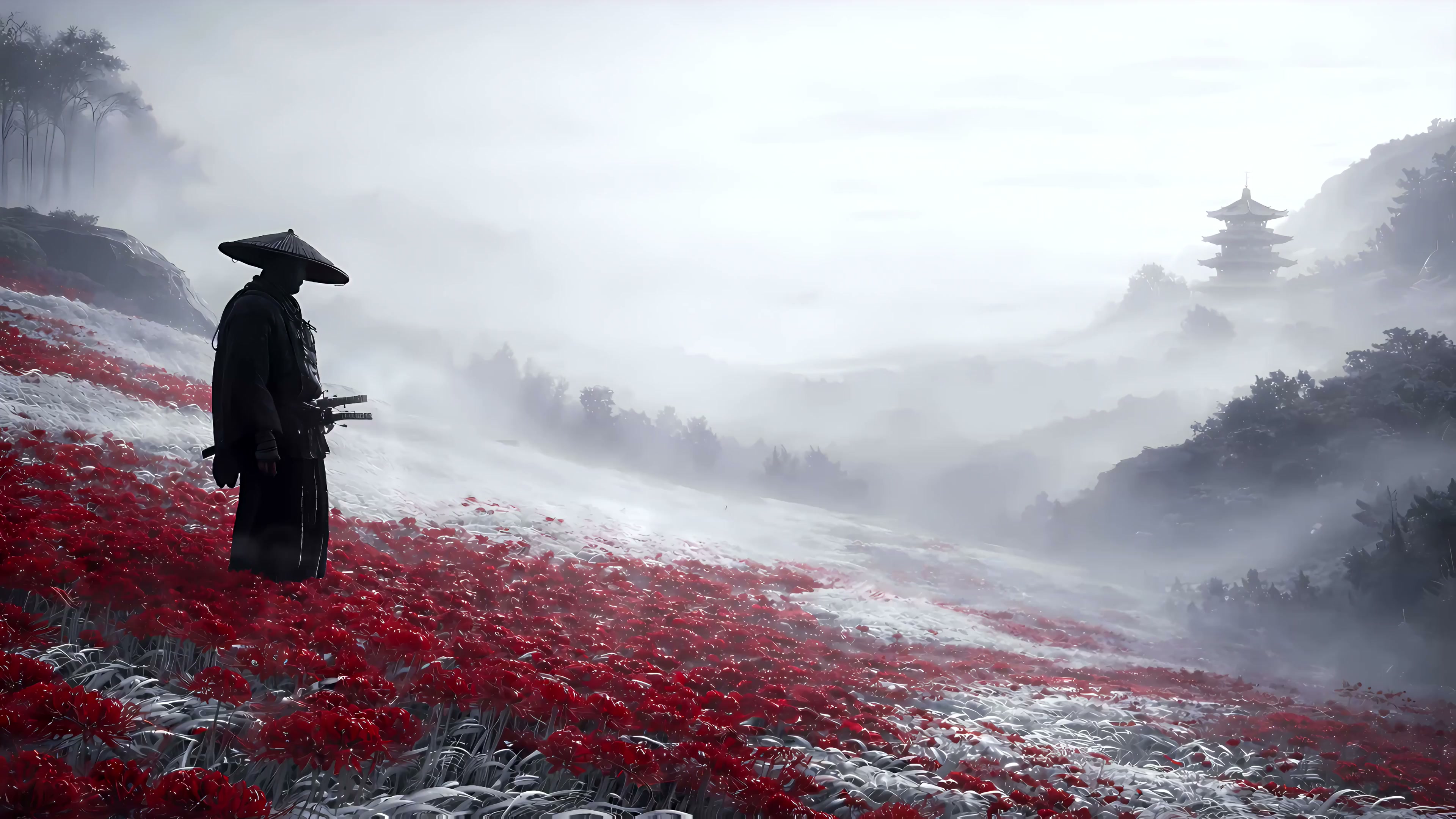 Samurai in Red Spider Lily Field Live Wallpaper