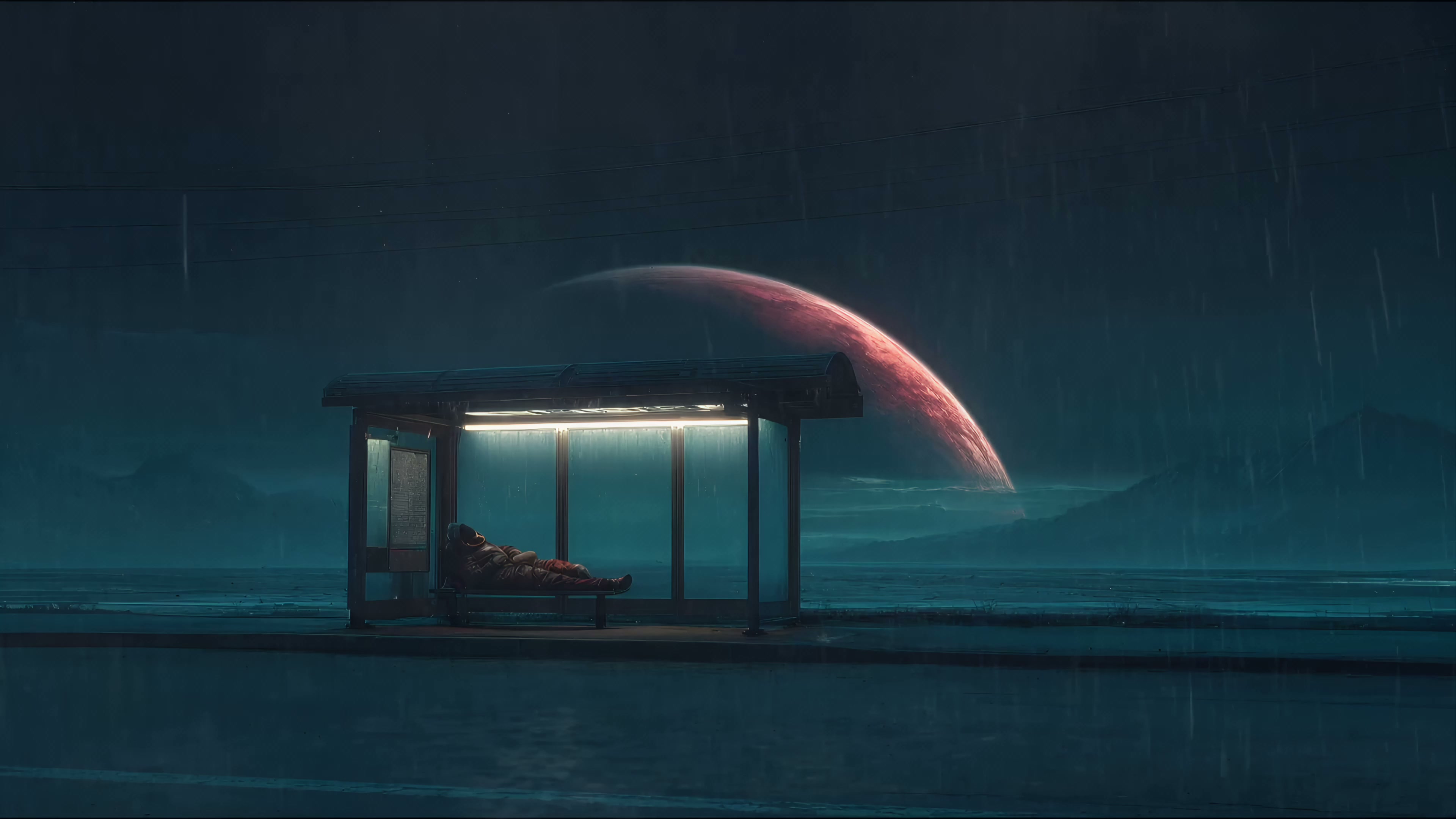 Sci-Fi Astronaut at Rainy Bus Stop - Lo-Fi Live Wallpaper