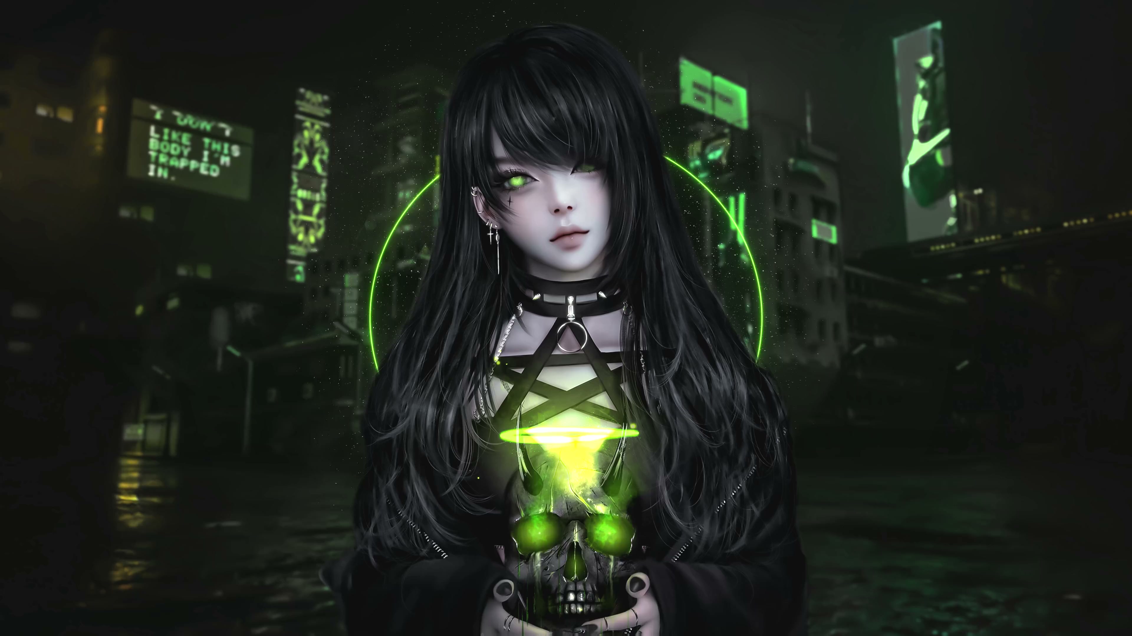 Goth Girl with Skull 4K Live Wallpaper