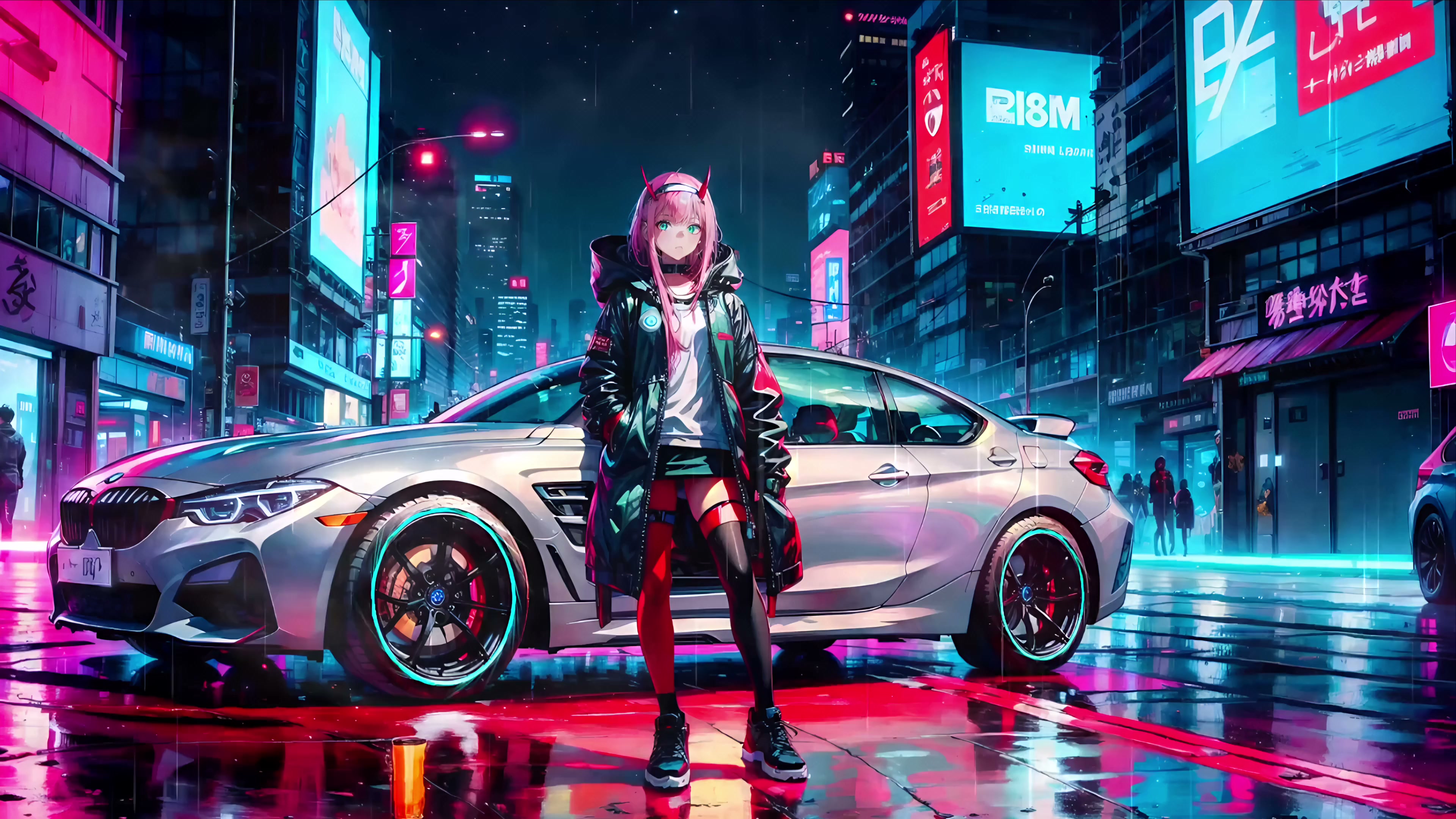 Zero Two Cyberpunk BMW - 4K Night City Wallpaper Live Wallpaper