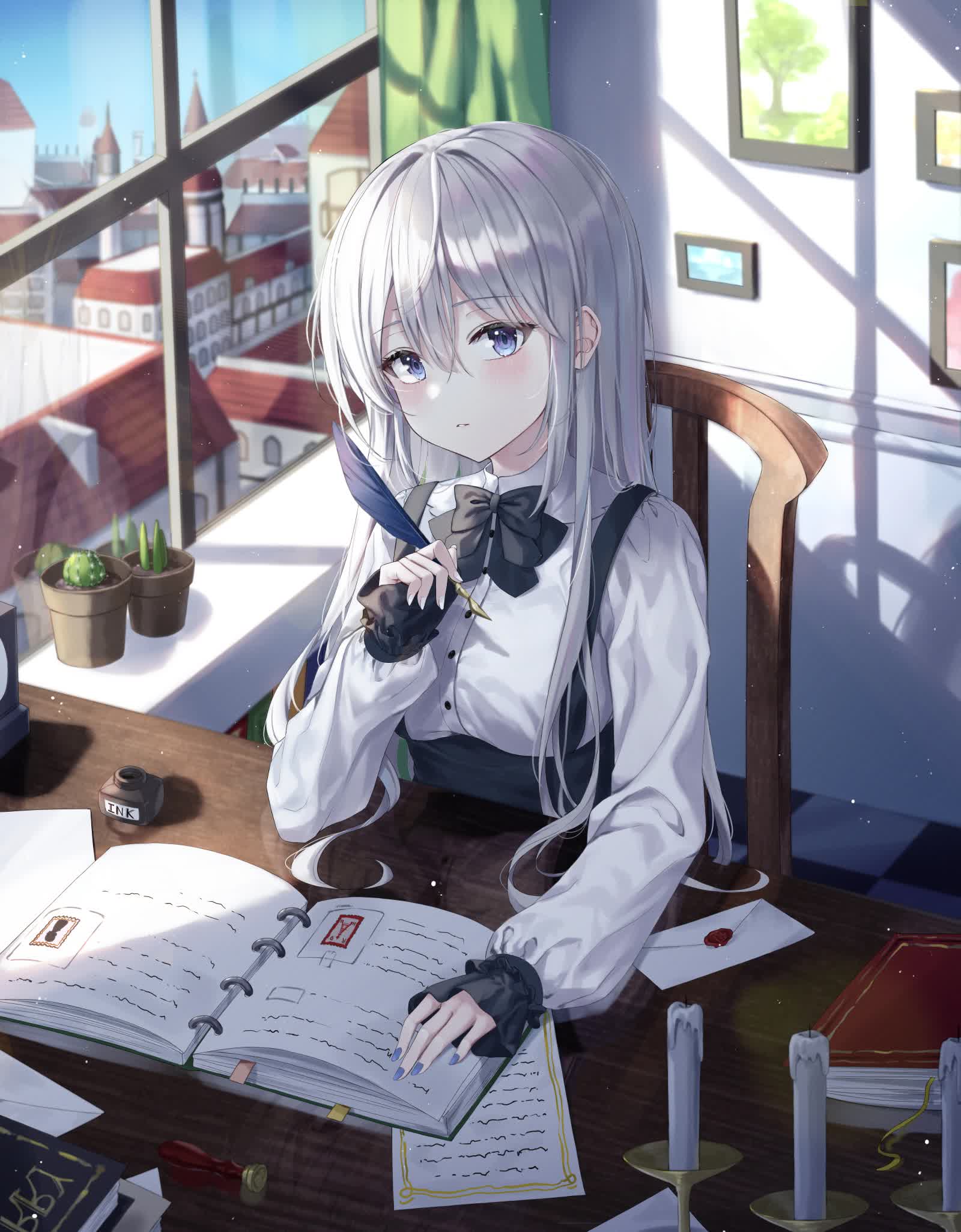 Anime Girl Learning By The Window Live Wallpaper