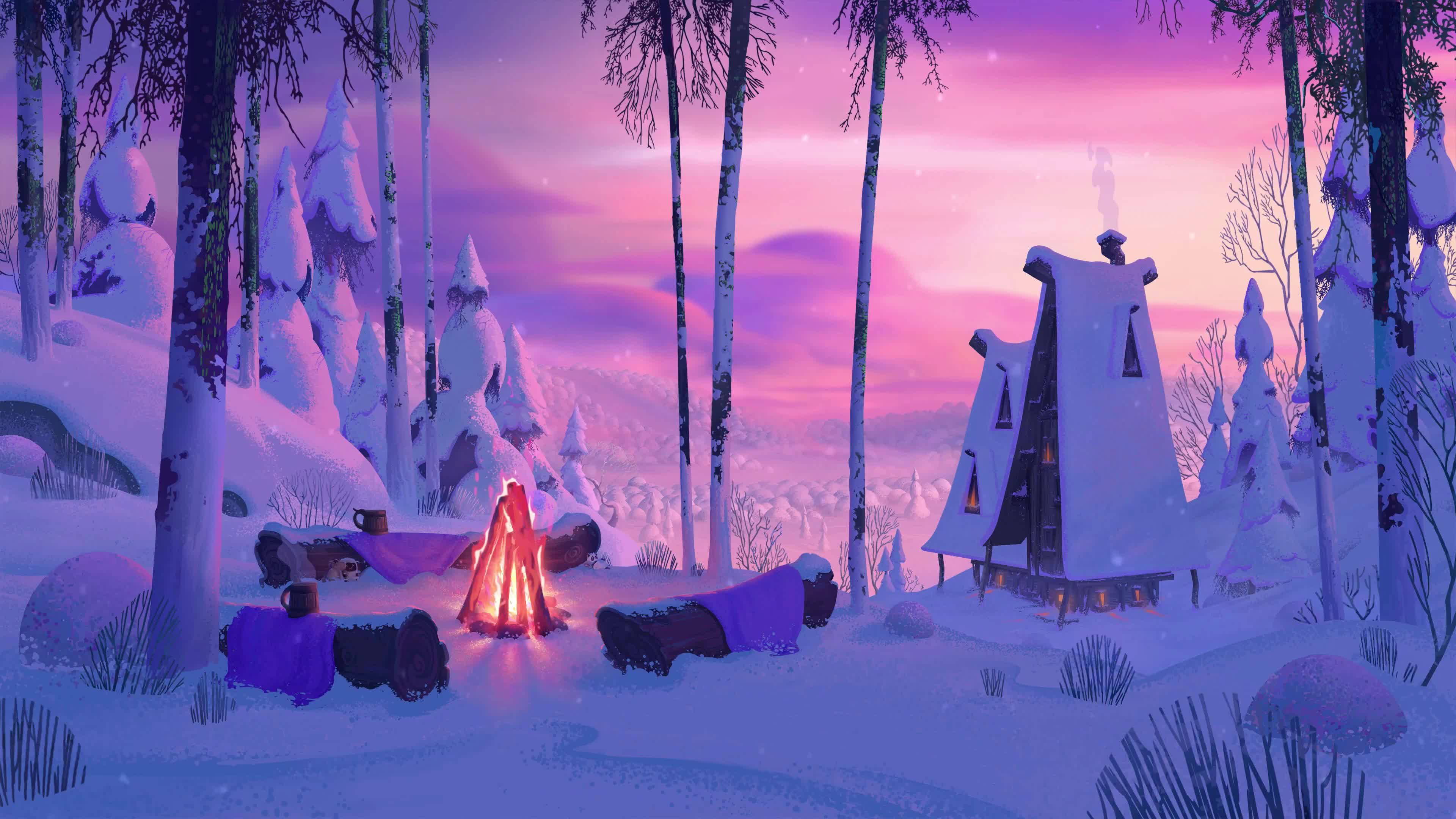 Cozy Winter And Snowy Campfire Live Wallpaper