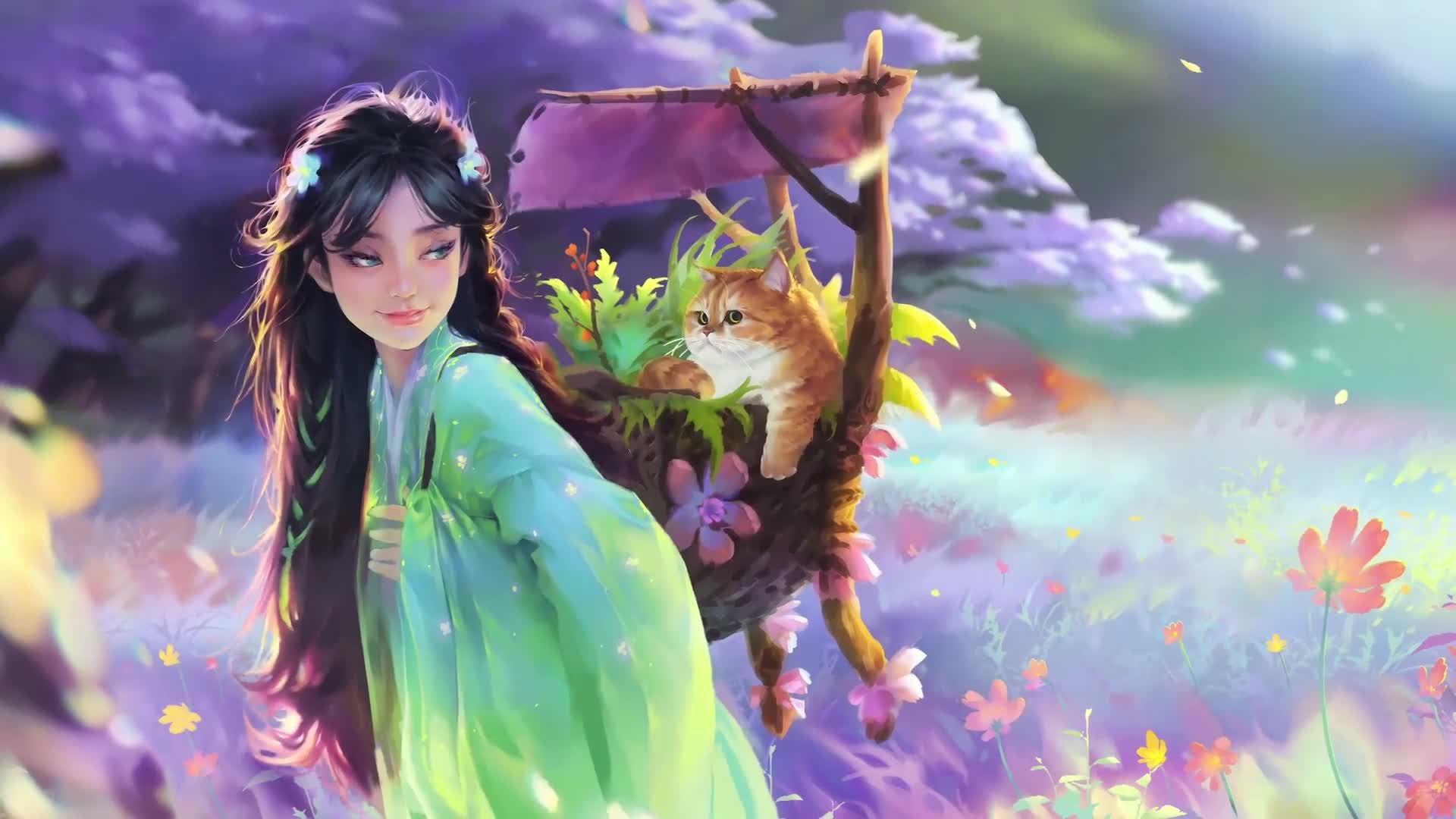 Spring Girl With Cat Live Wallpaper