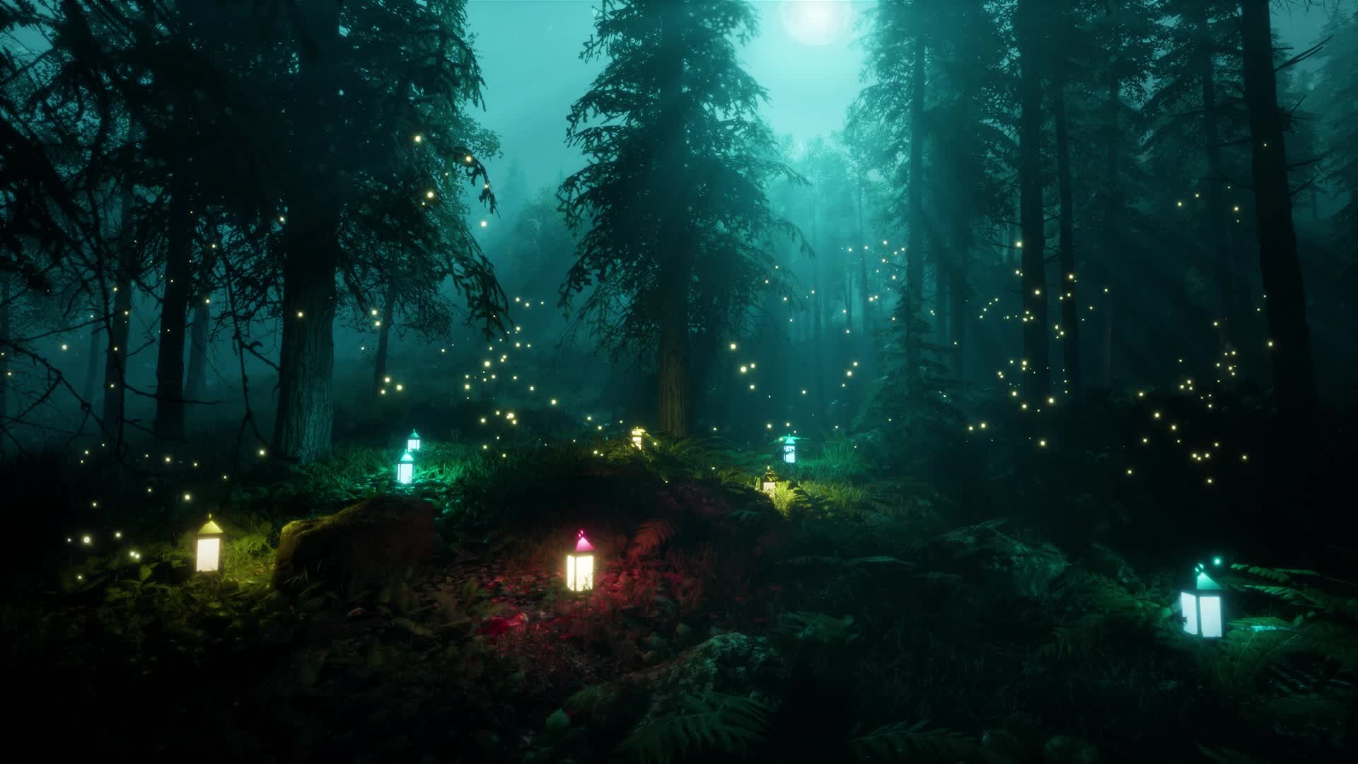 Lanterns In A Forest With Moonlight Live Wallpaper