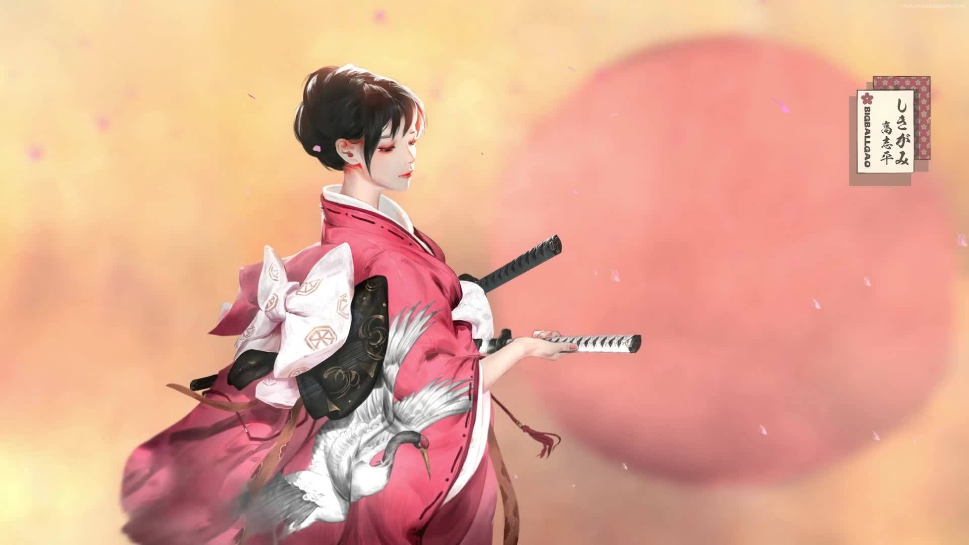 Crane Kimono Samurai Girl Katana Live Wallpaper