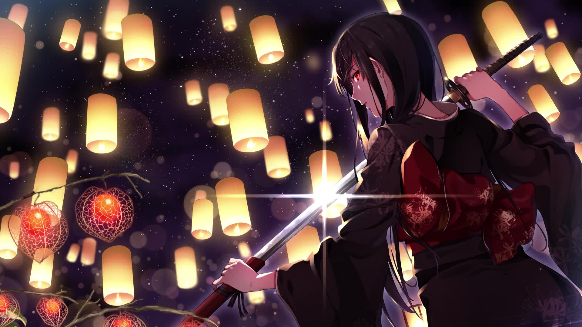 Katana Girl Under Lanterns Live Wallpaper